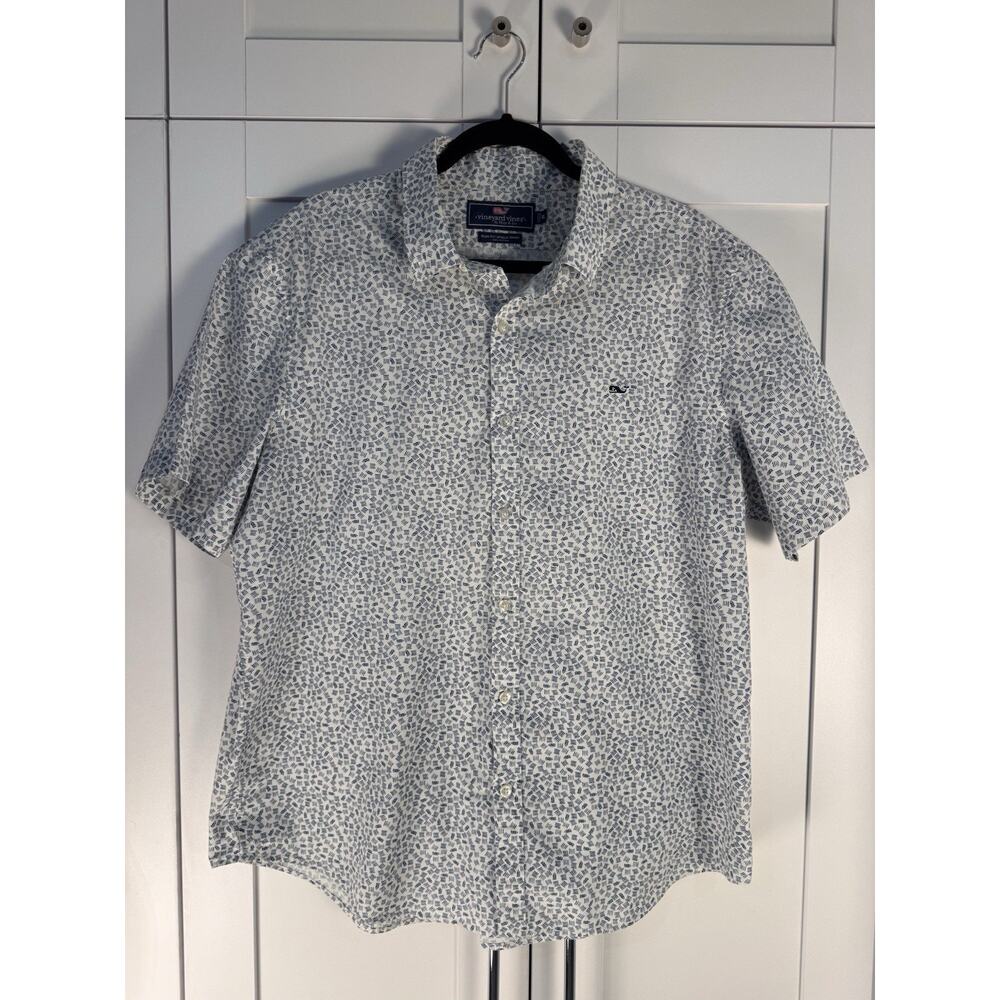 Vineyard Vines Shirt Mens XL Blue Fish Print Slim Fit Short Sleeve Button Up